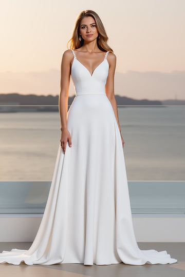 Crepe Spaghetti Straps A Line Ivory Wedding Dress